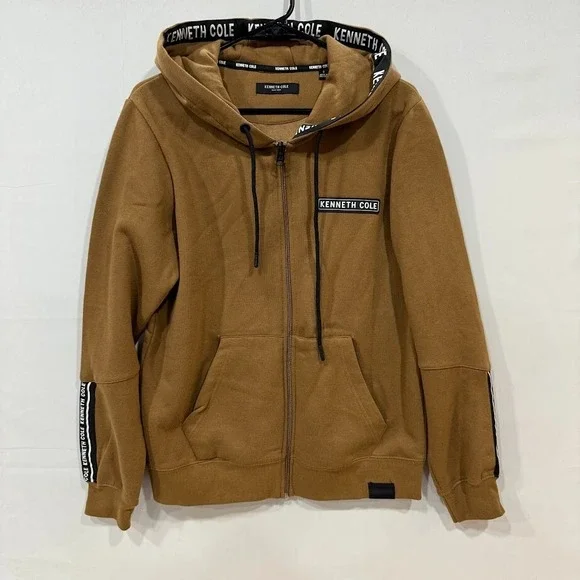 Kenneth Cole Hoodie Mens Small Brown Full Zip Logo Tape Trim Streetwear - Picture 1 of 5